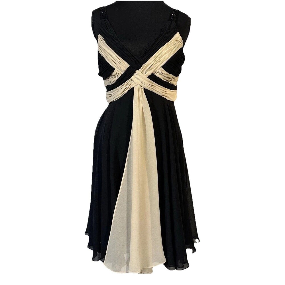 Black Ivory Chiffon Cocktail Dress Beaded Strap Padded Cups Empire Waist Size 6